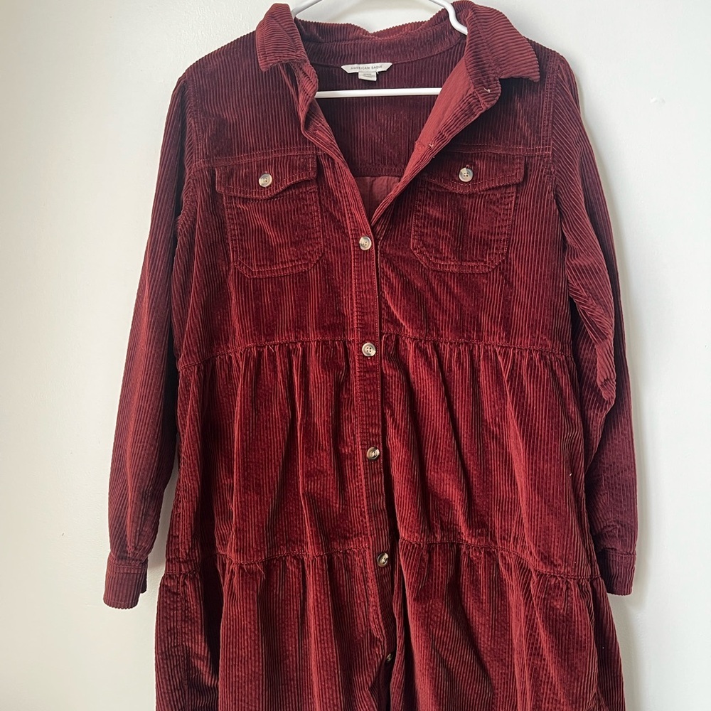 American Eagle Burgundy
Corduroy Babydoll Button Up Shirt Dress 100% Cotton
